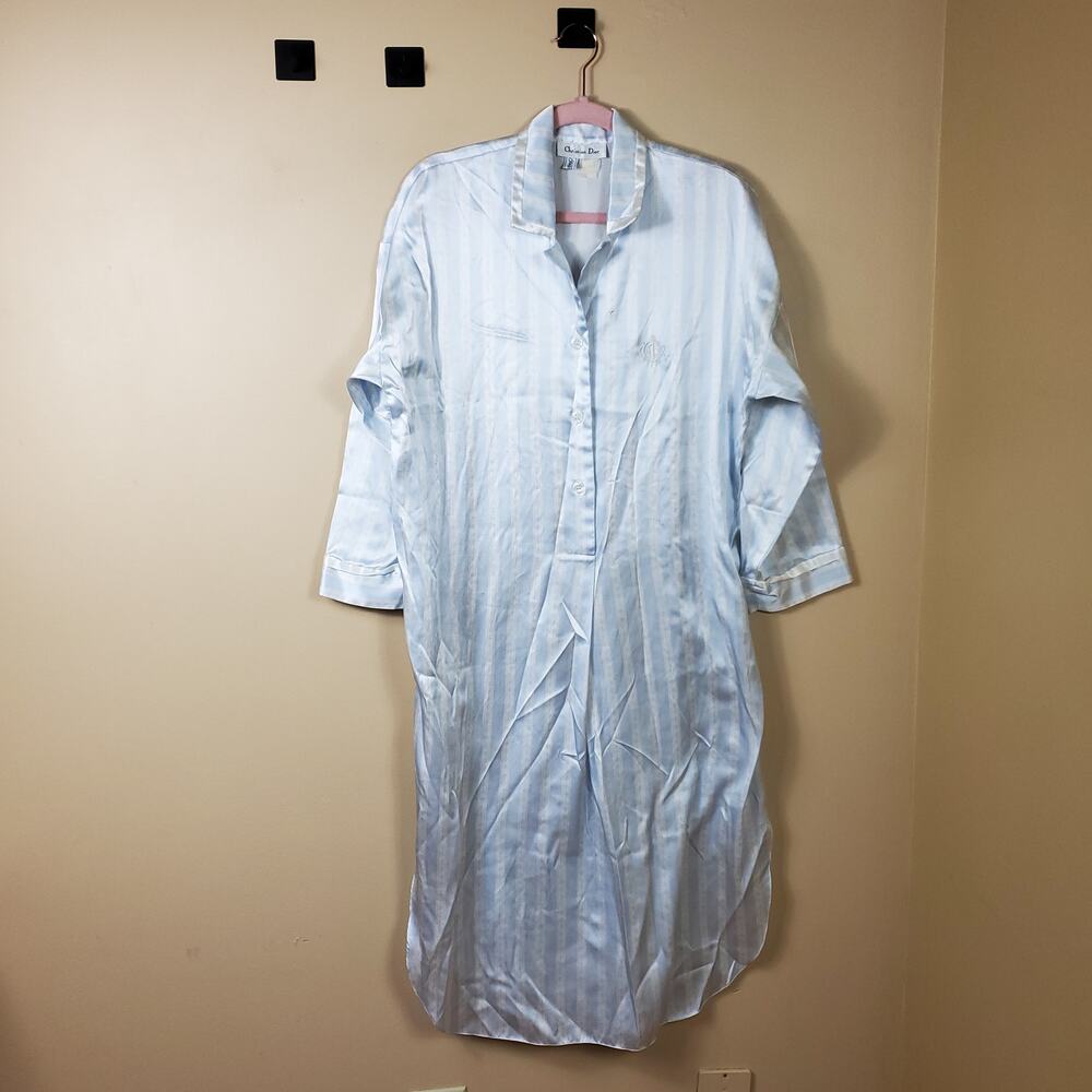Vintage Christian Dior Blue Print Sateen Sleep Shirt Dress Size OS